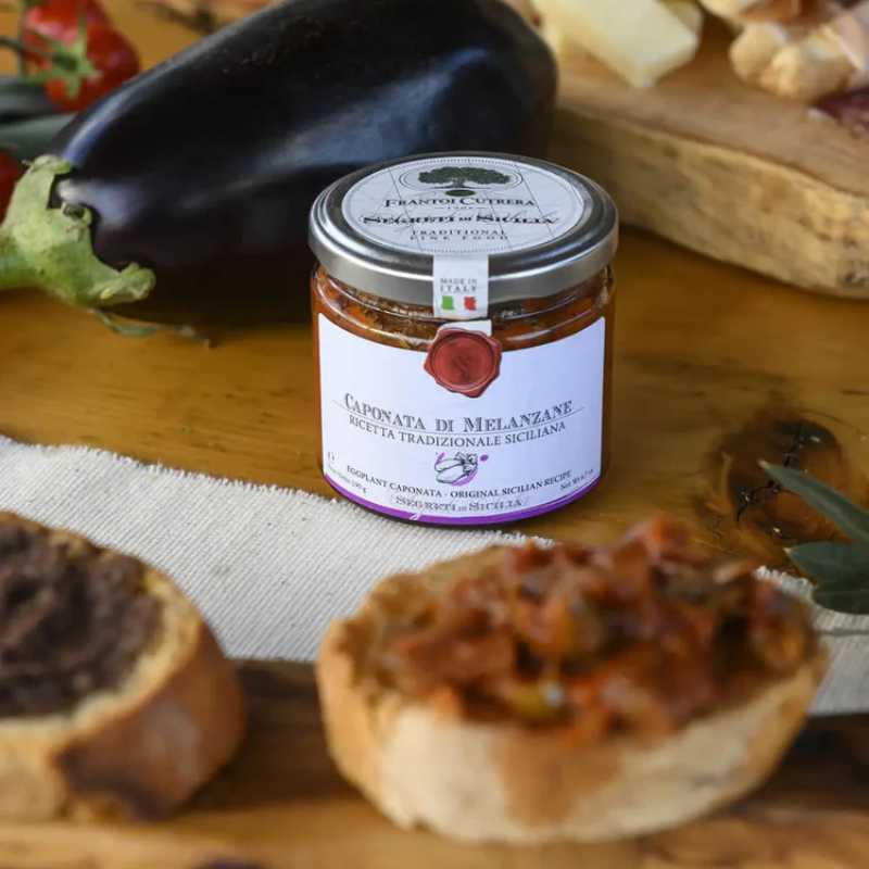 Frantoi Cutrera Eggplant Caponata on a pice of bread