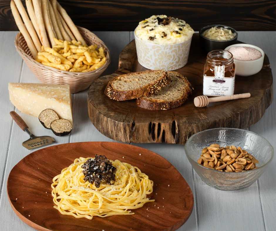 table full of truffle products